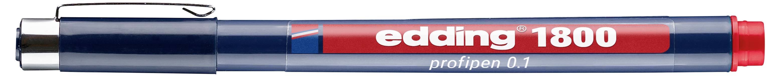 Červené a modré pero Edding 1800 fineliner s víčkem a klipem, označené propipen 0.1.