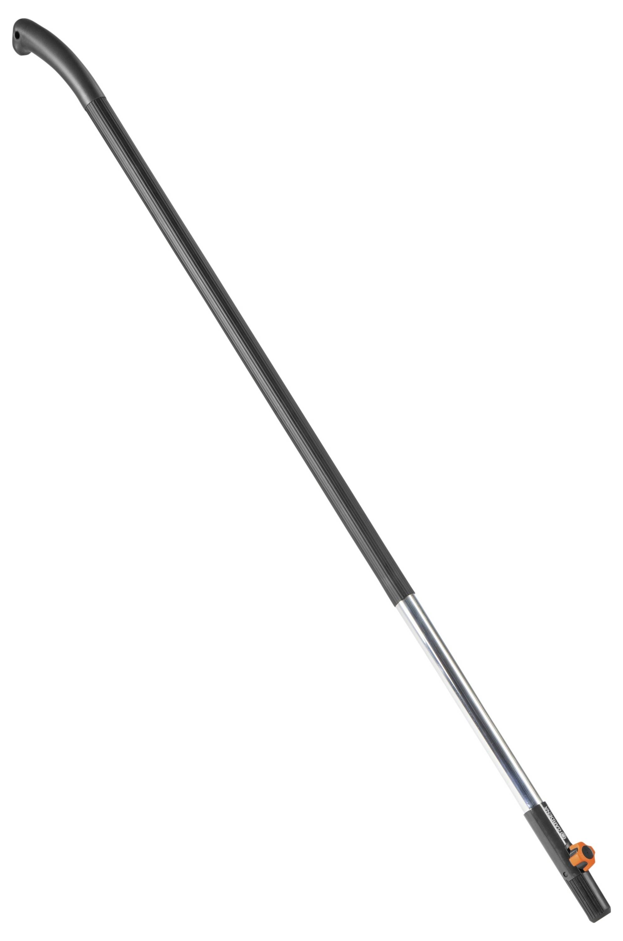 Teleskopická rukojeť pro zahradní nářadí, černá a stříbrná. Nastavitelná pro různé délky. Ergonomicky tvarovaná rukojeť nahoře.