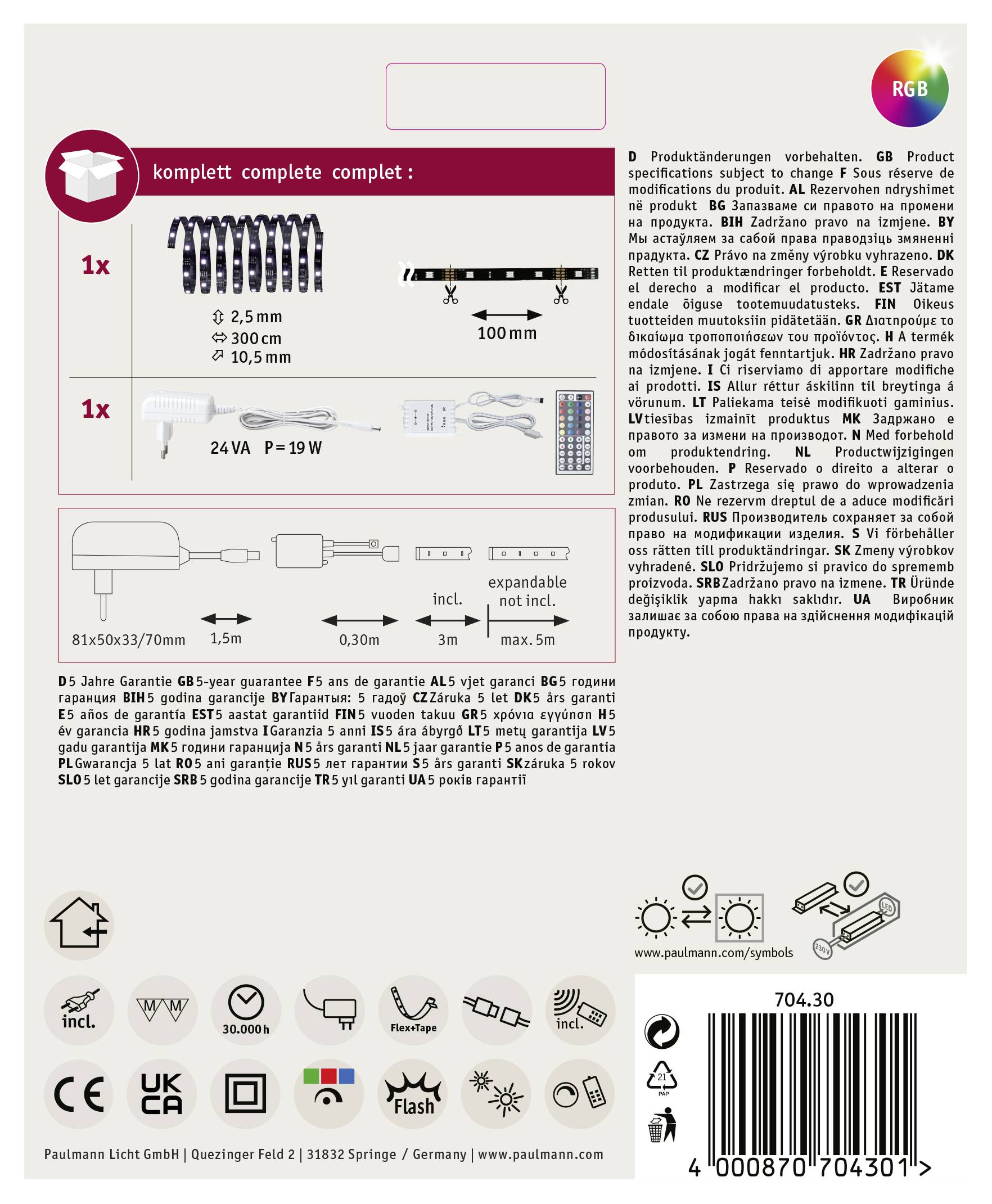 Kompletní sada: 1x LED světelná lišta, adaptér, kabel, držáky; RGB barvy. Informace o produktu, varování, bezpečnostní pokyny.