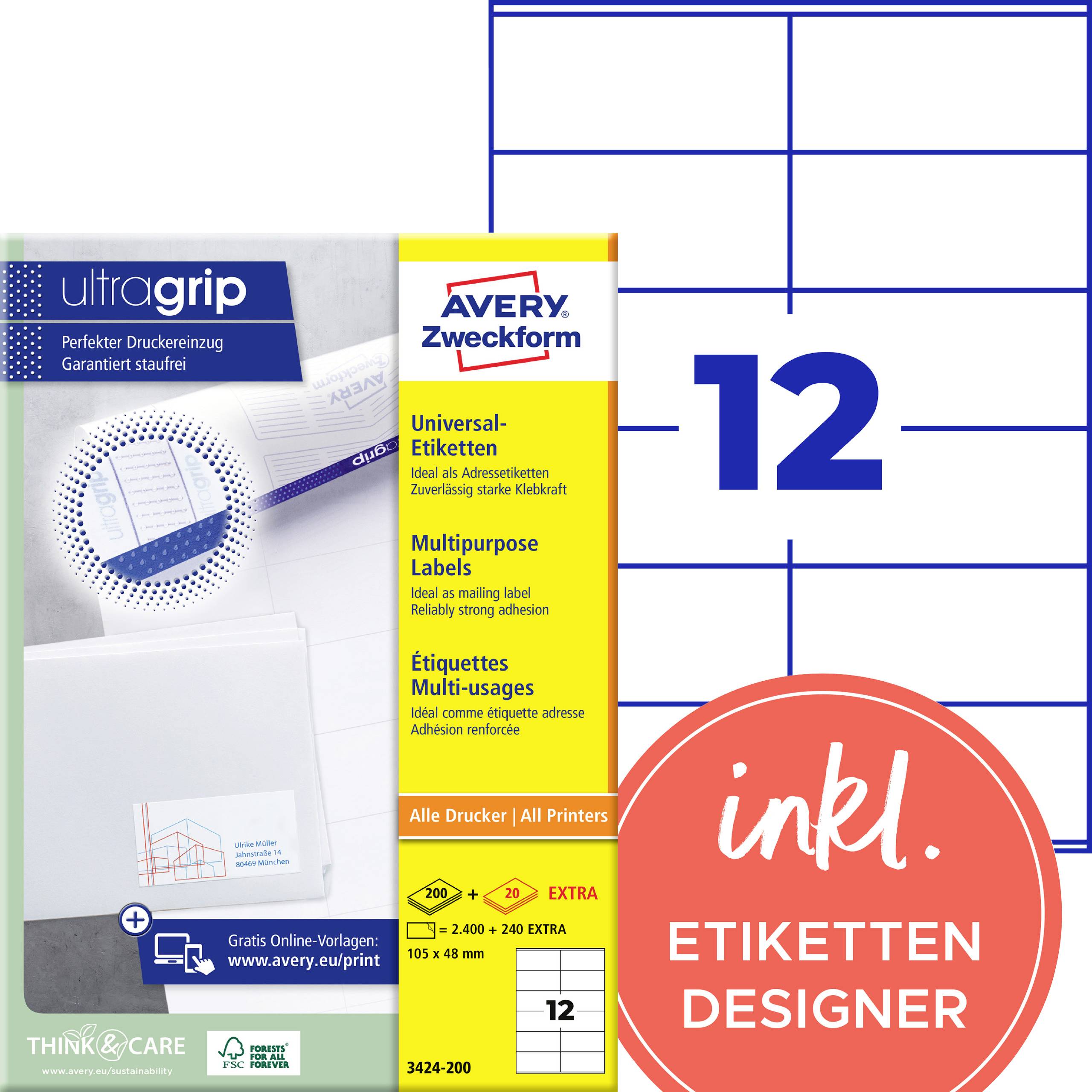 Balící jednotka univerzálních etiket Avery Zweckform, velikost 105 x 48 mm, 12 etiket na list, se zahrnutým softwarem pro návrh etiket.
