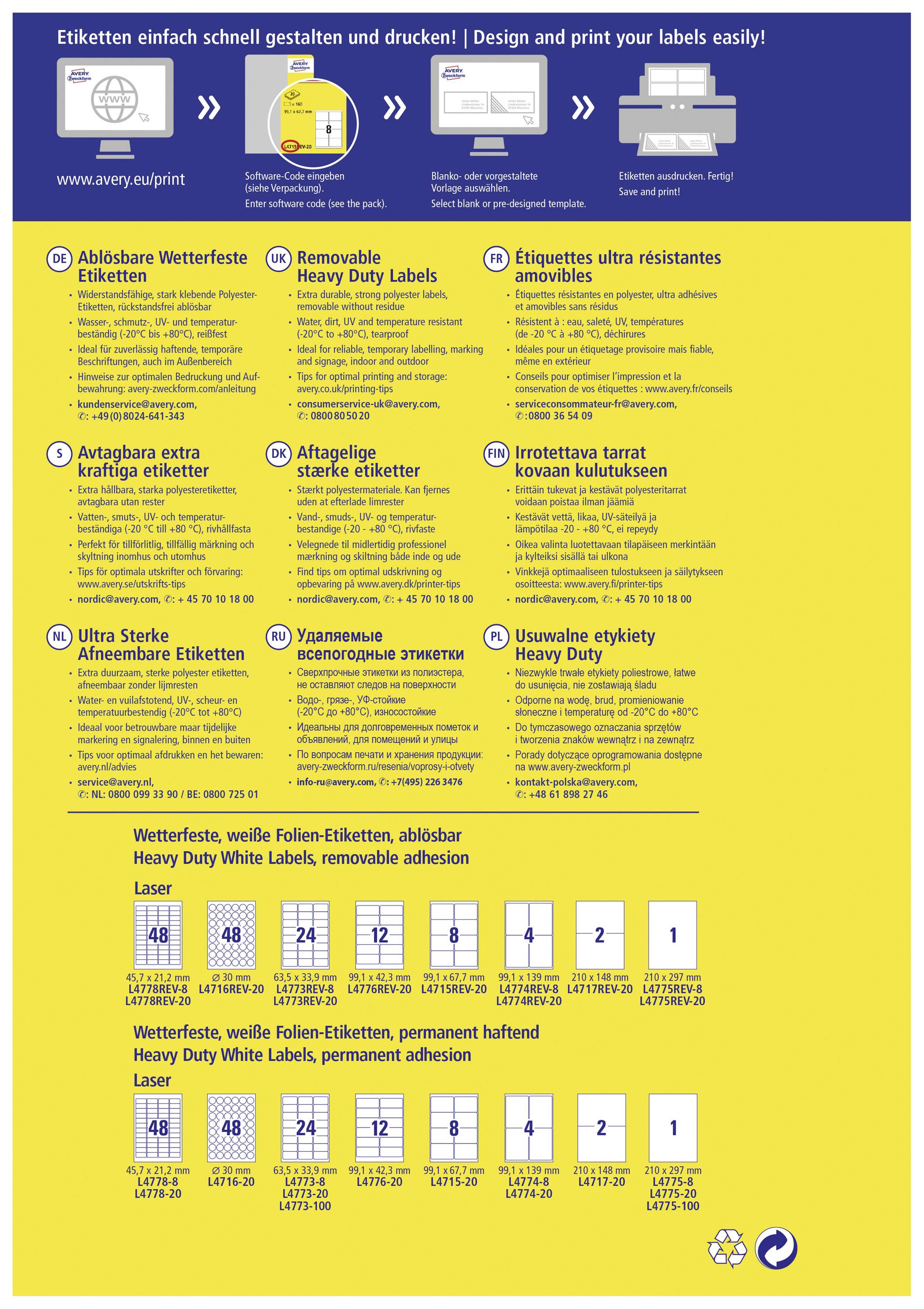 'Vytvořte a vytiskněte štítky snadno a rychle!' Nadpis infografiky, následovaný informacemi o produktu voděodolných štítků. Informace o typech, oblastech použití a velikostech.