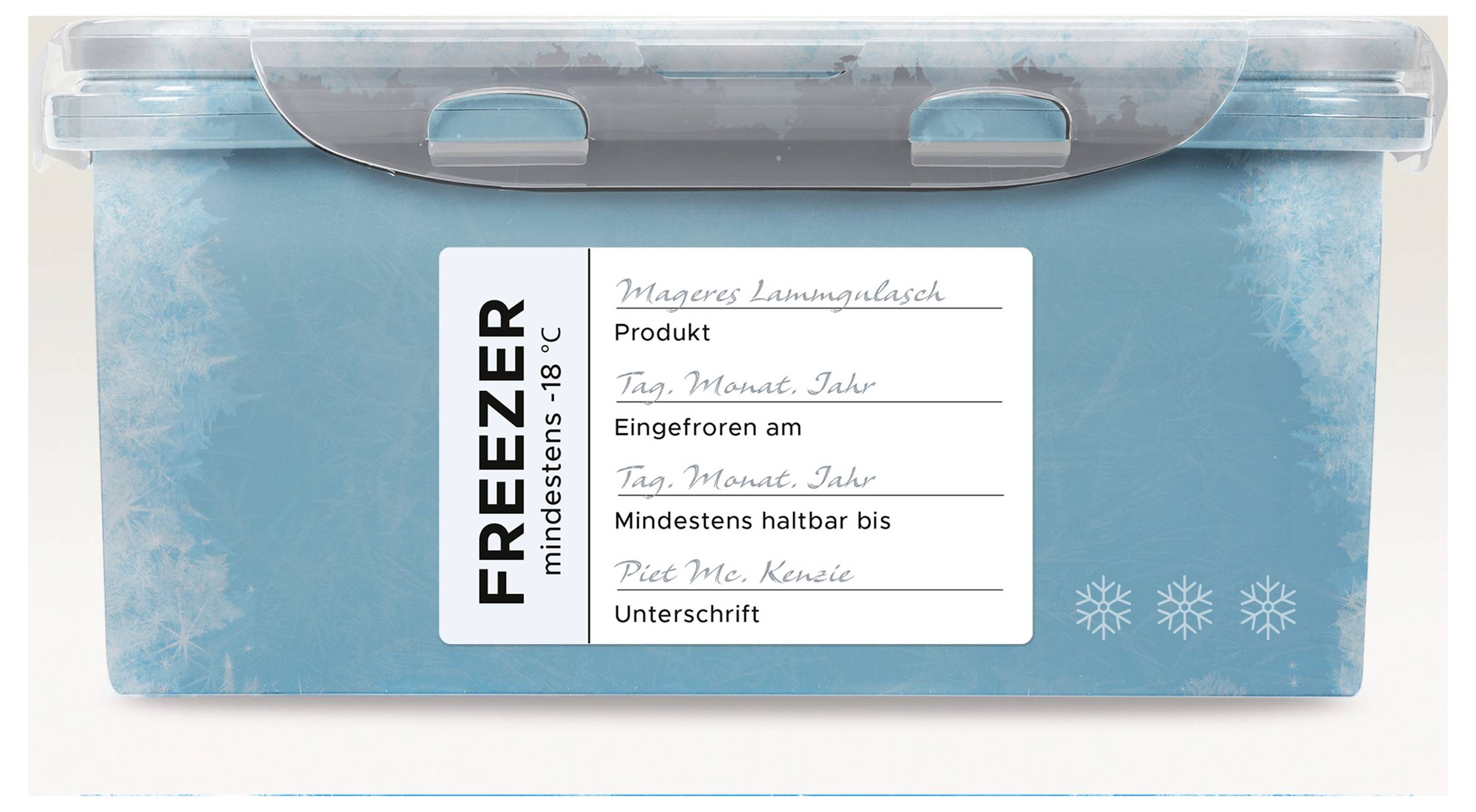 Krabice zmrazených potravin s návěstidlem "FREEZER" a poli pro produkt, zmrazeno dne, minimální trvanlivost do a podpis.