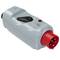 Šedý průmyslový silnoproudý konektor s červeným připojením a černým zajišťovacím tlačítkem, určený pro vysoký elektrický výkon.