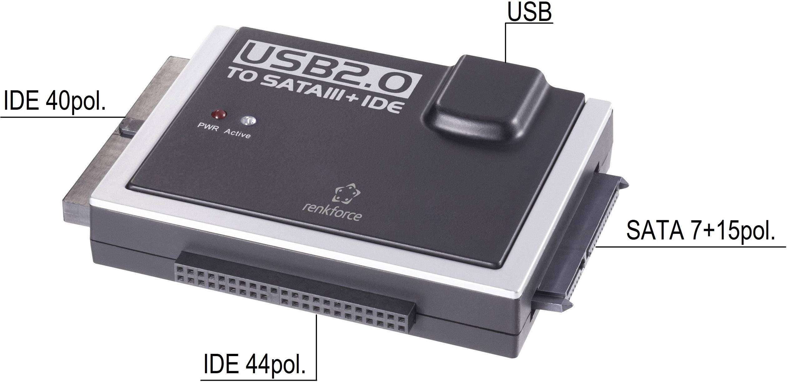 Konvertor USB 2.0 na SATA III a IDE s rozhraními pro USB, SATA 7+15 pinů a IDE 40/44 pinů. LED indikace: Napájení a Aktivita.