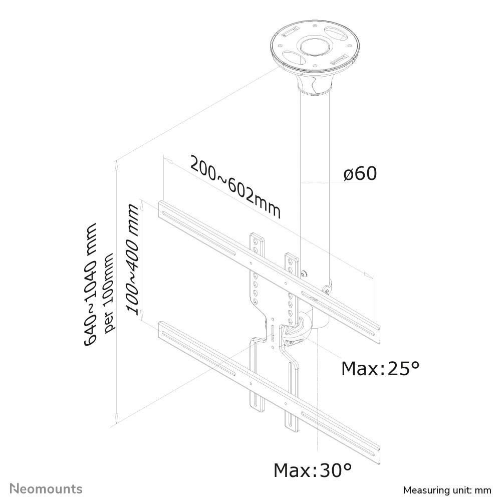 Diagram montážního držáku projektoru na strop. Rozměry: výška 640-1040 mm, nastavitelná; šířka 100-400 mm; maximální náklony: 25° a 30°.