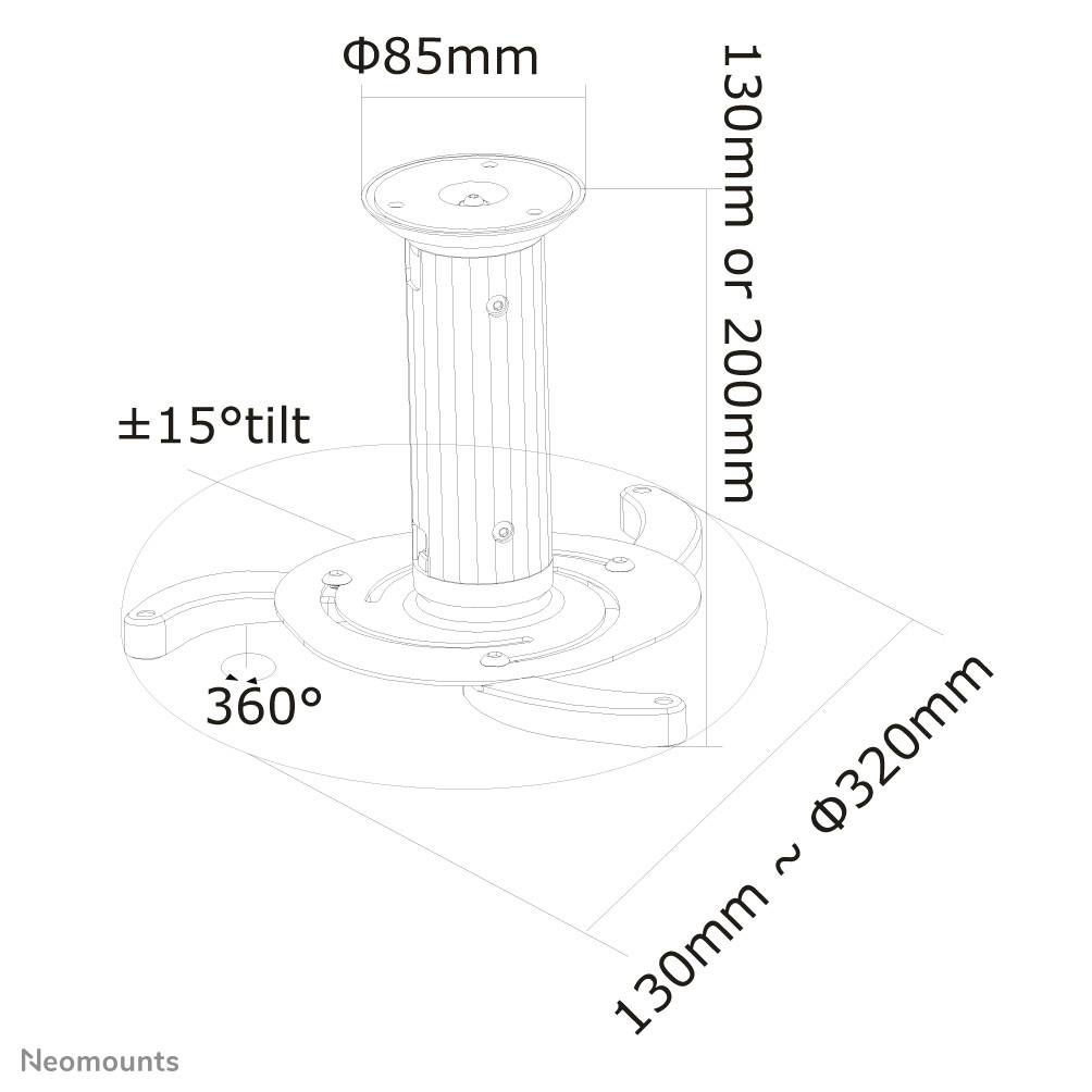 Diagram držáku stropního projektoru s nastavitelnou výškou (130 mm nebo 200 mm), náklonem ±15°, otočením o 360°, podpěrnou základnou 85 mm.