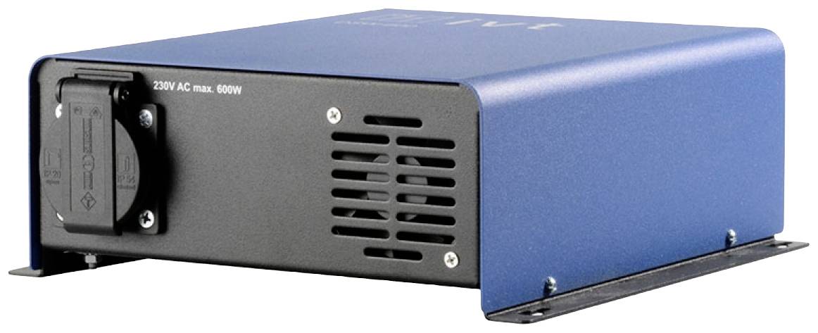 Modrý měnič proudu s černou zásuvkou a větracími otvory, vhodný pro 220V AC až do 600W, v kovovém pouzdře.
