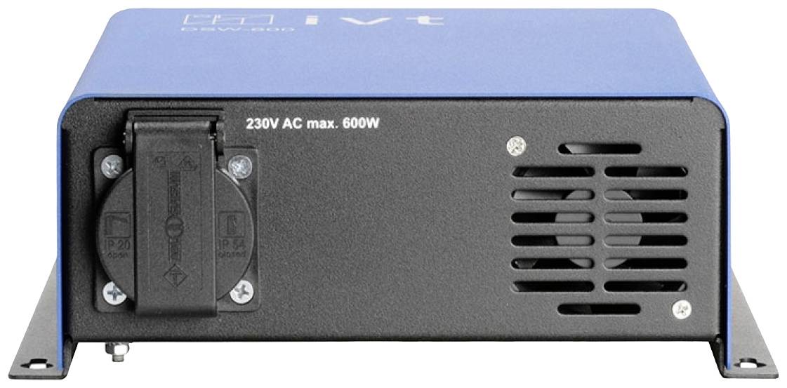 Modrý napěťový měnič s nápisem '230V AC max. 600W' na přední straně, s elektrickou zásuvkou a větracími otvory.