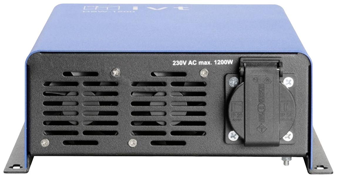 Měnič s modrou krytkou, 230V AC, max. 1200W výkonu. Přední strana s větracími otvory a zásuvkou.