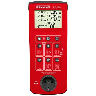 Přístroj 'Benning ST 725' s displejem: 'Rpe=0,09Ω', 'Riso=19,99MΩ', 'Ileak=0,12mA', 'PASS'. Různé zkušební symboly níže.
