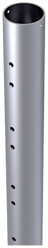 Svislá, stříbrná trubka s několika horizontálními otvory v pravidelných intervalech.
