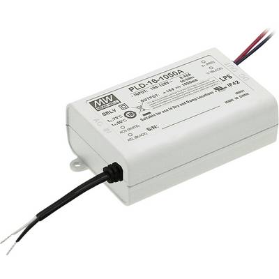 Bílý LED driver od společnosti Mean Well s modelovým číslem PLD-16-1050A. Vstupní a výstupní napětí jsou uvedena.