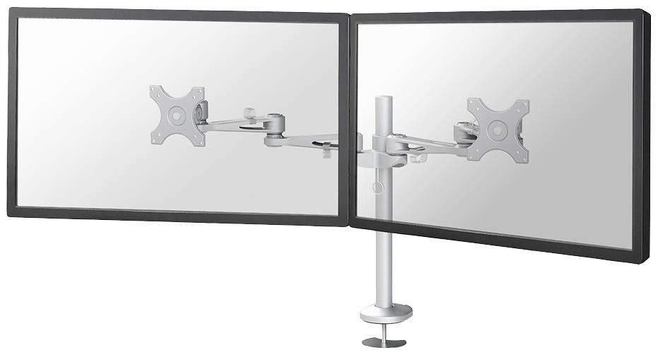 Dva vedle sebe namontované držáky monitorů na otočném rameni, připevněné na stole, bez monitorů.