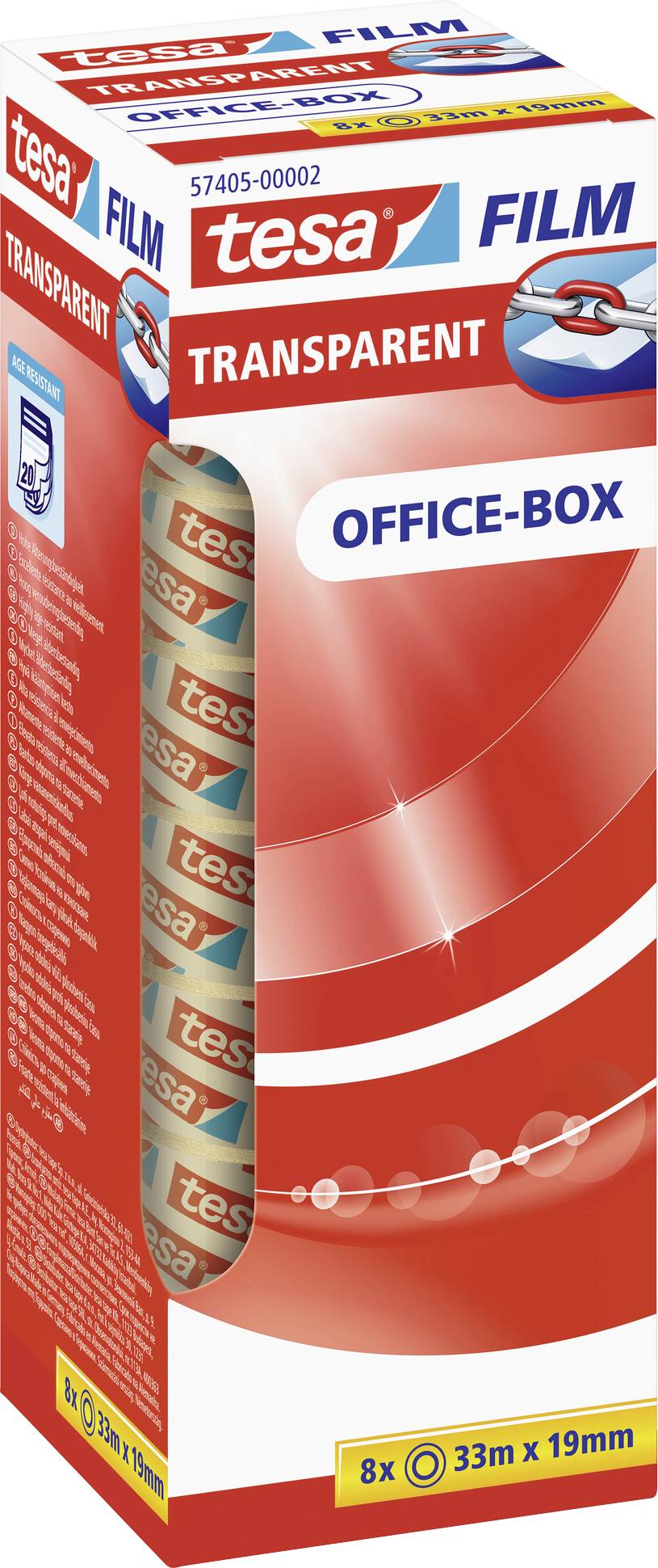 Balení průhledné lepicí pásky Tesa, 8 rolí po 33m x 19mm, v červeno-bílém obalu s průhledným okénkem a modrým nápisem 'Office-Box'.