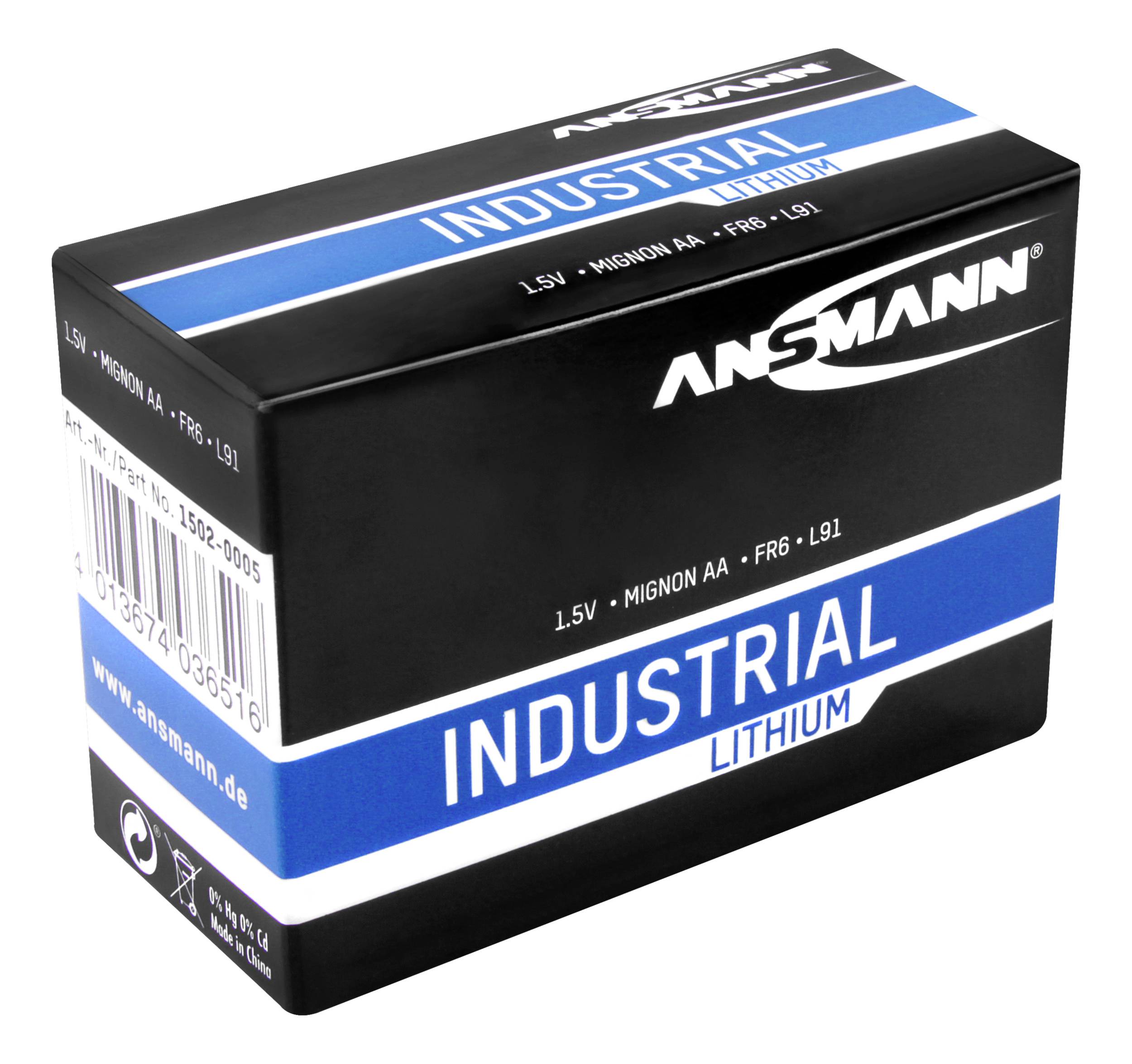 Černé a modré balení lithiové baterie značky Ansmann, označené nápisem 'INDUSTRIAL'.