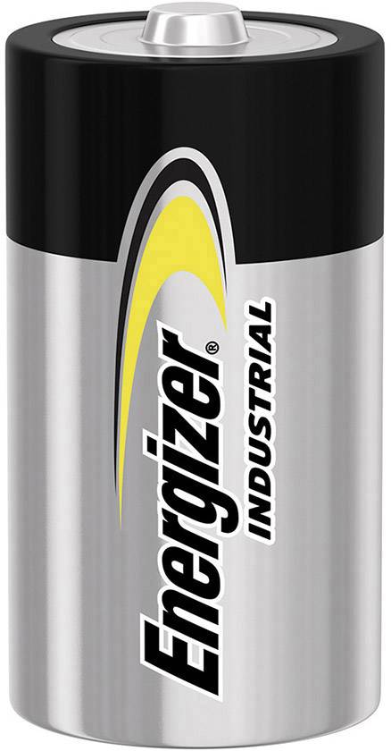 Stříbrná, válcovitá baterie s černým a žlutým designem. Nápis: 'Energizer Industrial'.