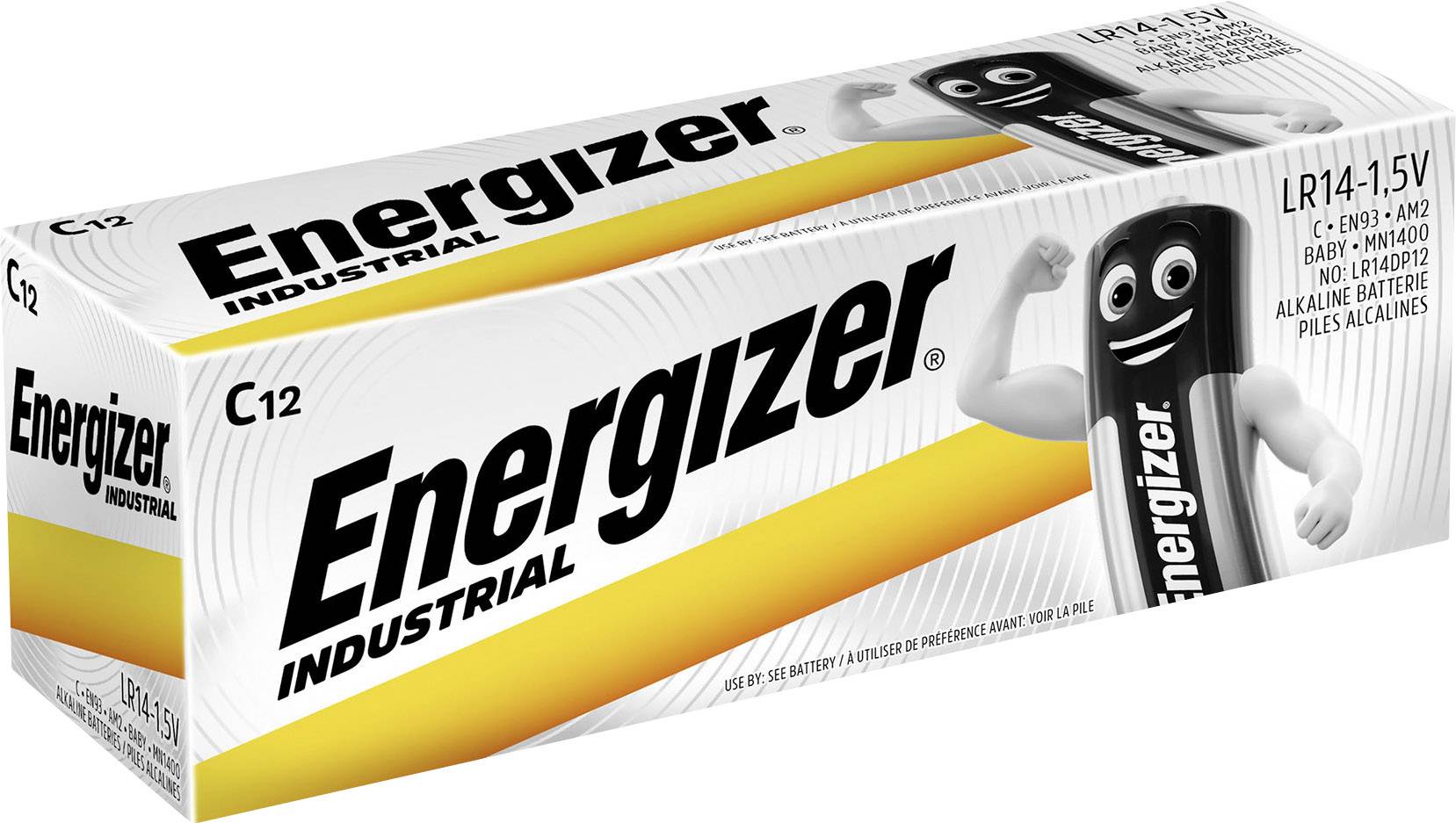Balení baterií Energizer Industrial, velikost C12, s kreslovou baterií-maskotkem zvedajícím paži.