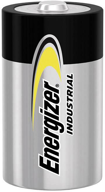 Stříbrná baterie s černým víčkem, žlutým a černým obloukem a nápisem 'Energizer Industrial'.