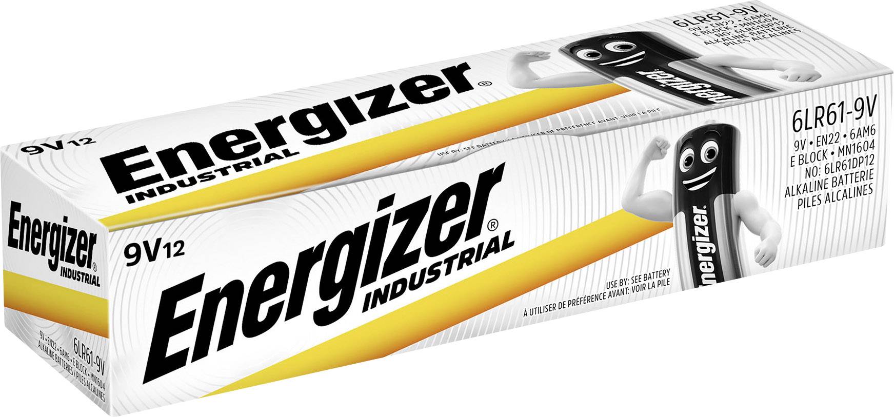 Baterie Energizer 9V alkalická s logem a ikonickou baterií maskota na obalu.
