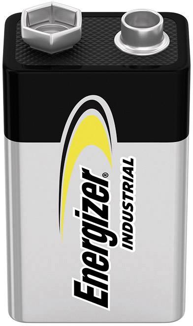 Baterie obdélníkového tvaru, typ: 9 V, s logem 'Energizer Industrial' a žlutým blesko­vým symbolem na přední straně.