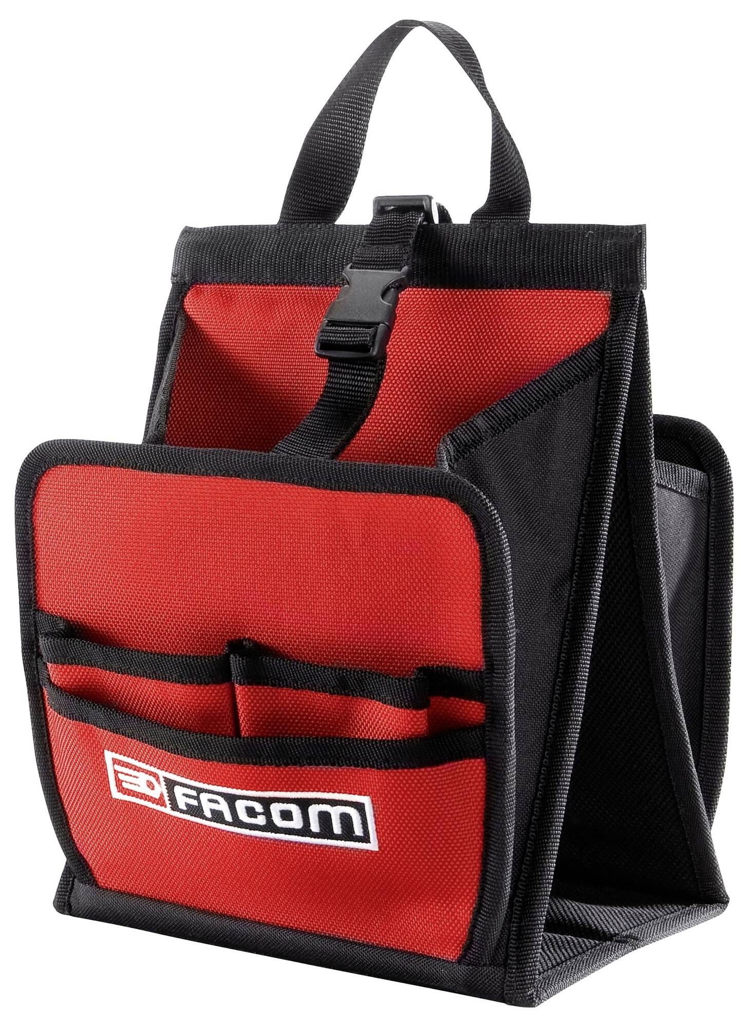 Červený a černý držák nářadí s několika kapsami a rukojetí. Na přední straně je nápis 'Facom'.