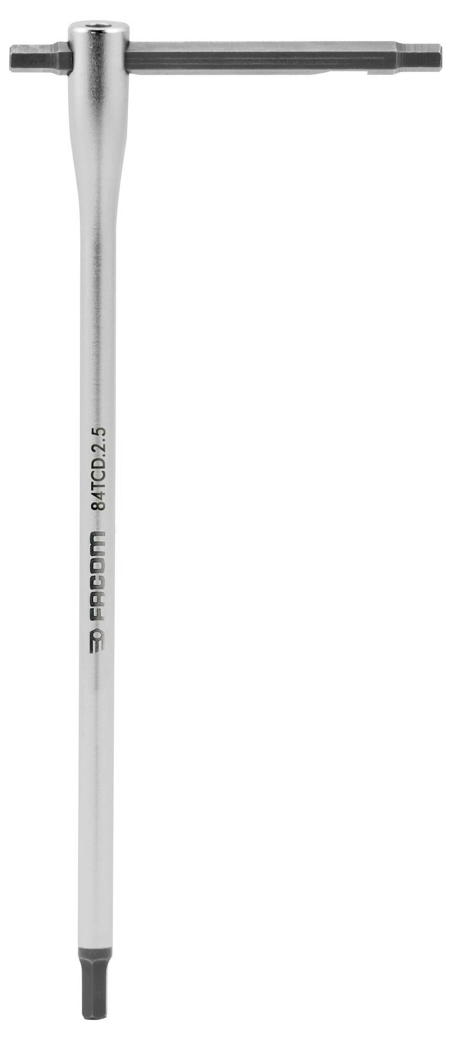 Kovový inbusový klíč ve tvaru T s úzkým držadlem a popisovanou stopkou.