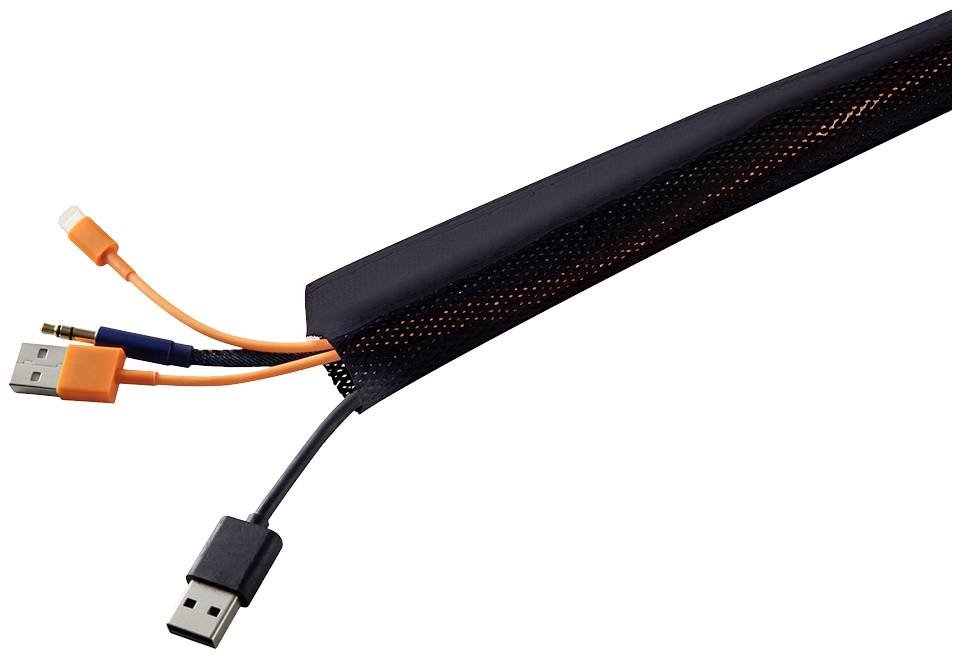 Několik kabelů, včetně USB a audiokabeláže, je vedeno černým kabelovým obalem.