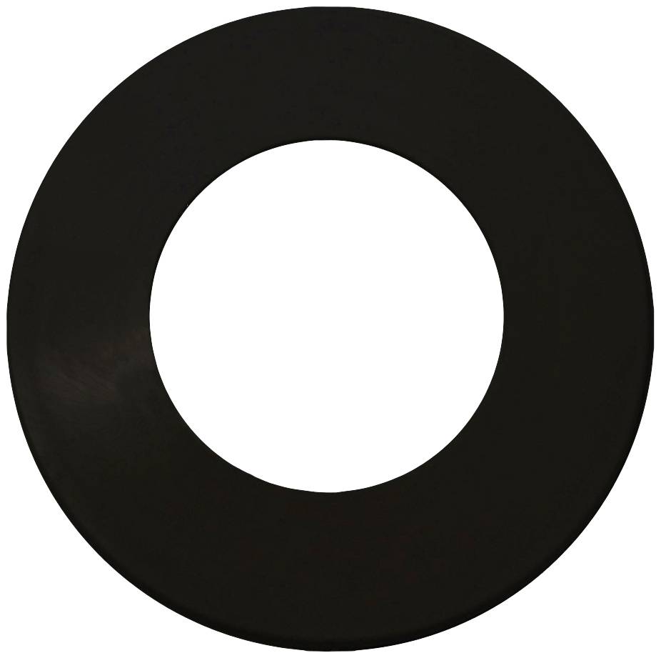 Černý kruh s velkým bílým kruhovým otvorem uprostřed, který vypadá jako donut nebo prsten.