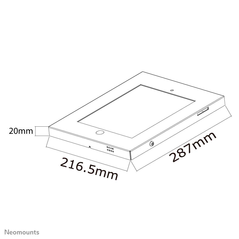'Technický výkres obdélníkového zařízení s následujícími rozměry: 287 mm délka, 216,5 mm šířka, 20 mm výška.'