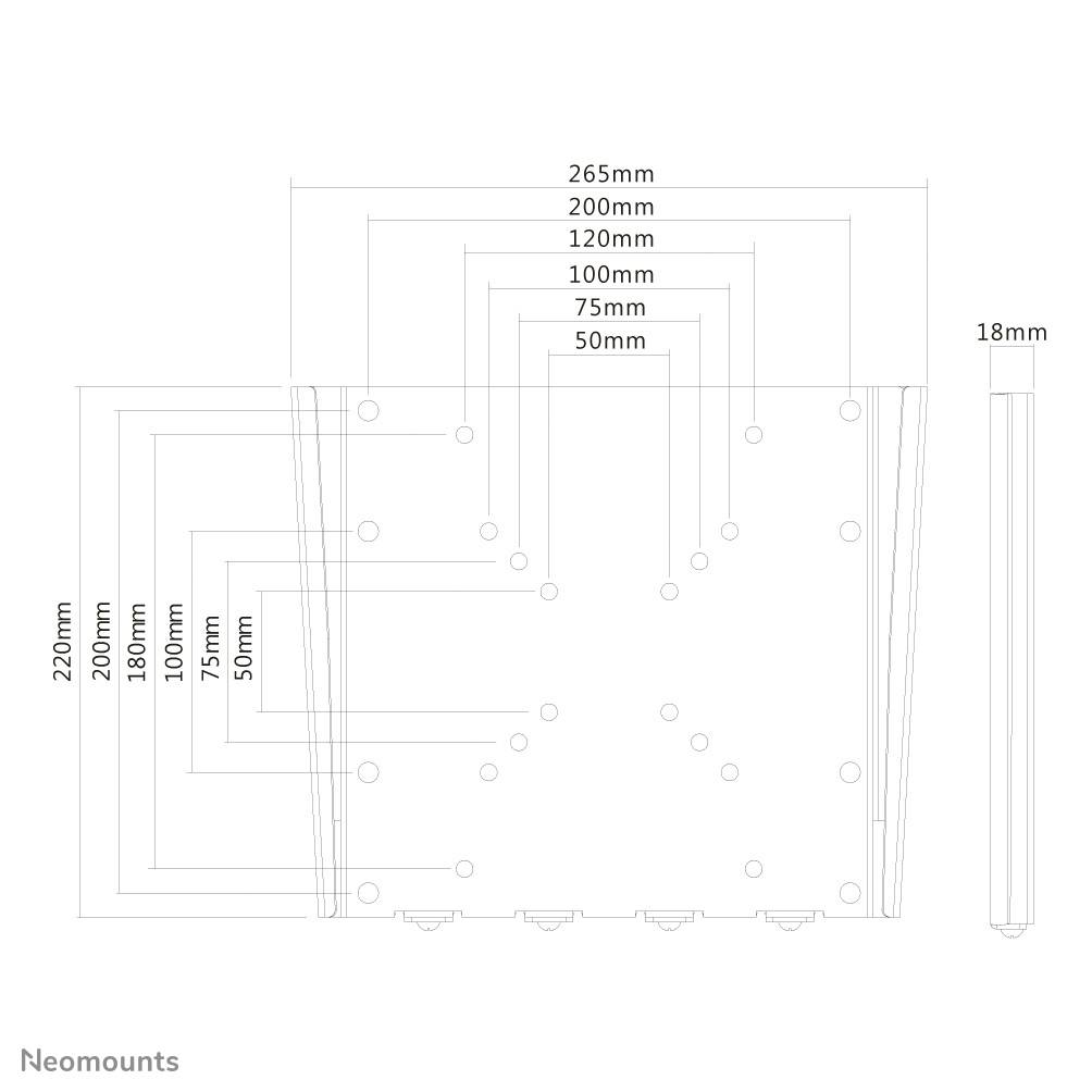 Technický výkres plochého obdélníkového objektu s otvory a rozměry: výška 220 mm až 265 mm, šířka 18 mm, hloubka variabilní.