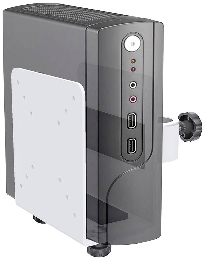 Černý počítač se dvěma USB porty, audio konektory a síťovým vypínačem na přední straně. Namontovaný na bílém držáku.