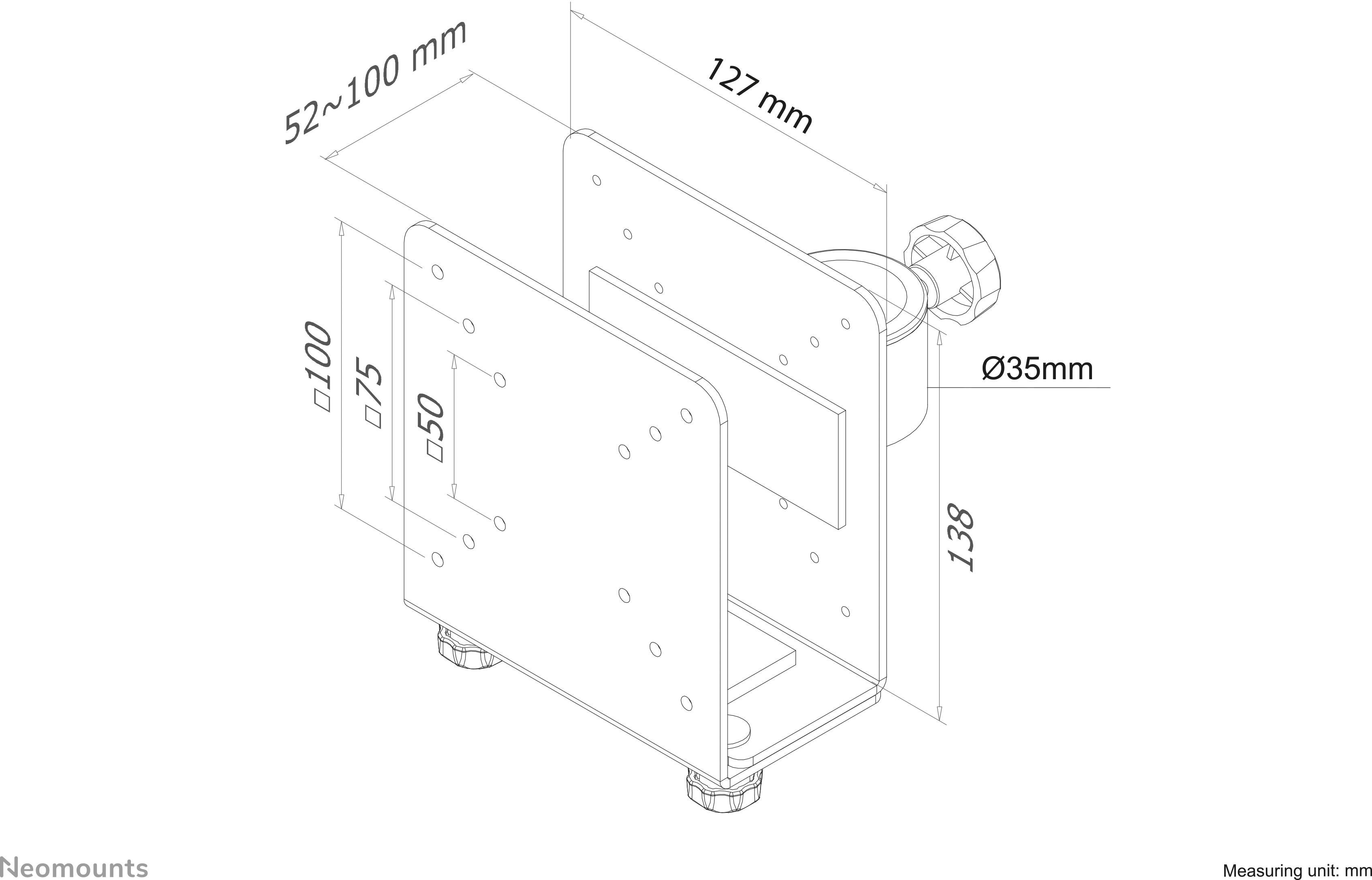 Technický výkres nastavitelného držáku s rozměry. Hlavní rozměry desky 127x100, šířka 52-100 mm, výška 138 mm, průměr trubky 35 mm.