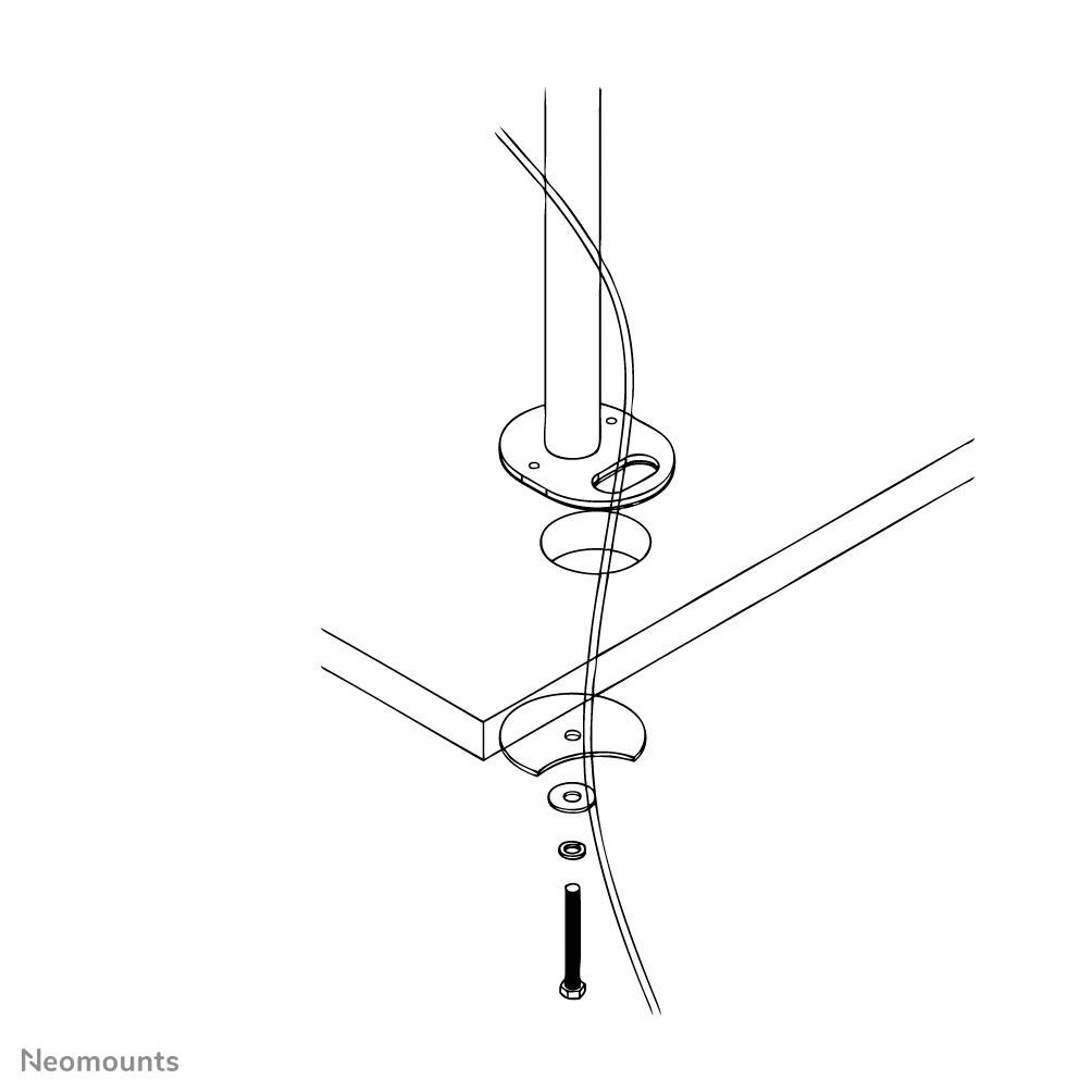 Montážní návod pro stropní držák, zobrazující připevnění pomocí šroubů a vedení kabelů v trubce.