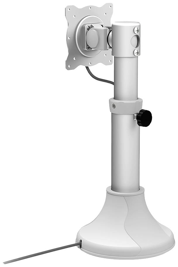 Stříbrný stojan na monitor s nastavitelnou výškou a sklopným ramenem. Ideální pro ergonomické umístění obrazovky.
