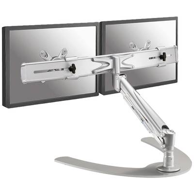 Ergonomický duální držák monitorů v stříbrné barvě se dvěma připojenými monitory. Poskytuje flexibilitu a úsporu místa na pracovním stole.