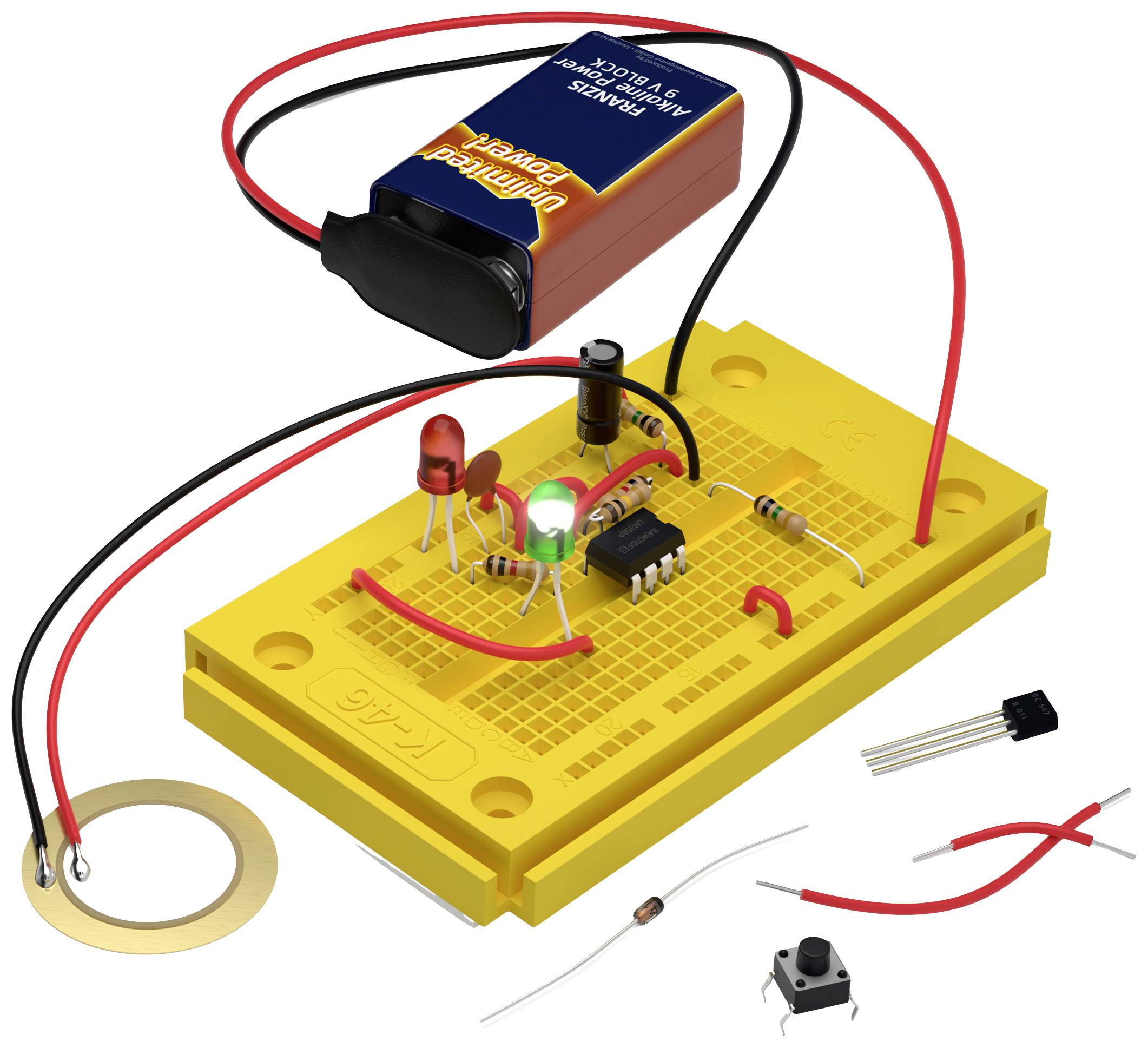 Žlutý nepájivý kontaktní panel s elektronickými komponenty: LED diodami, rezistory, tranzistorem, připojený k 9V baterii.