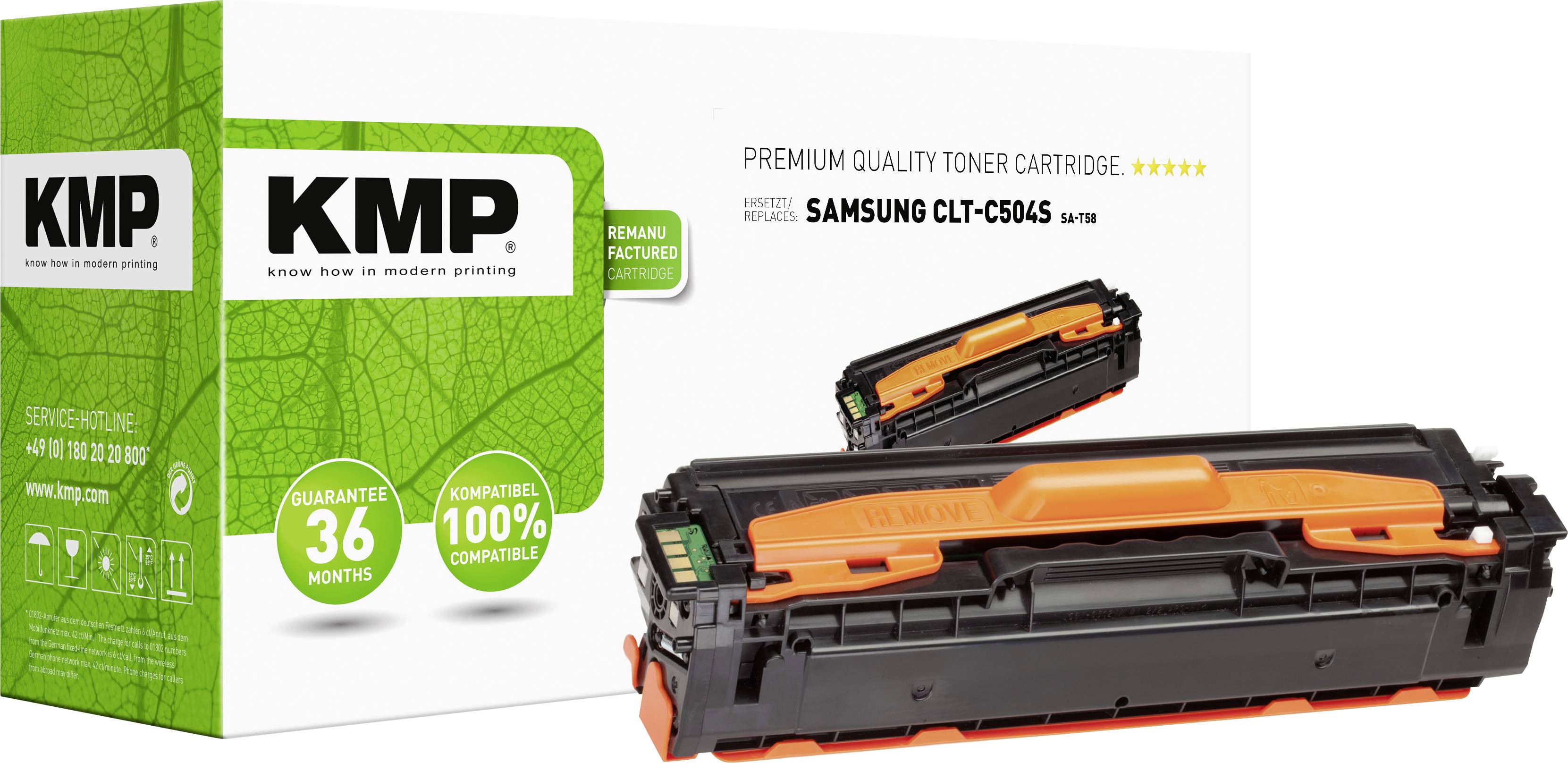 Tisková kazeta pro Samsung CLT-C504S, černooranžová, prezentovaná na obalu se zeleným designem a logem KMP.