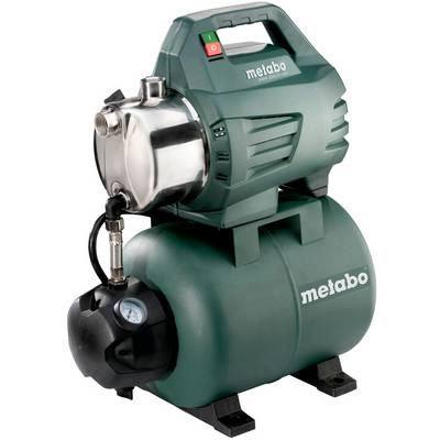 Přenosné elektrické vodní čerpadlo Metabo s tlakovým znakom a manometrem, zobrazené na bílém pozadí.