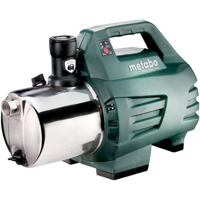 Zelená elektrická vodní pumpa Metabo s pouzdrem z nerezavějící oceli a horní rukojetí, zobrazená na bílém pozadí.