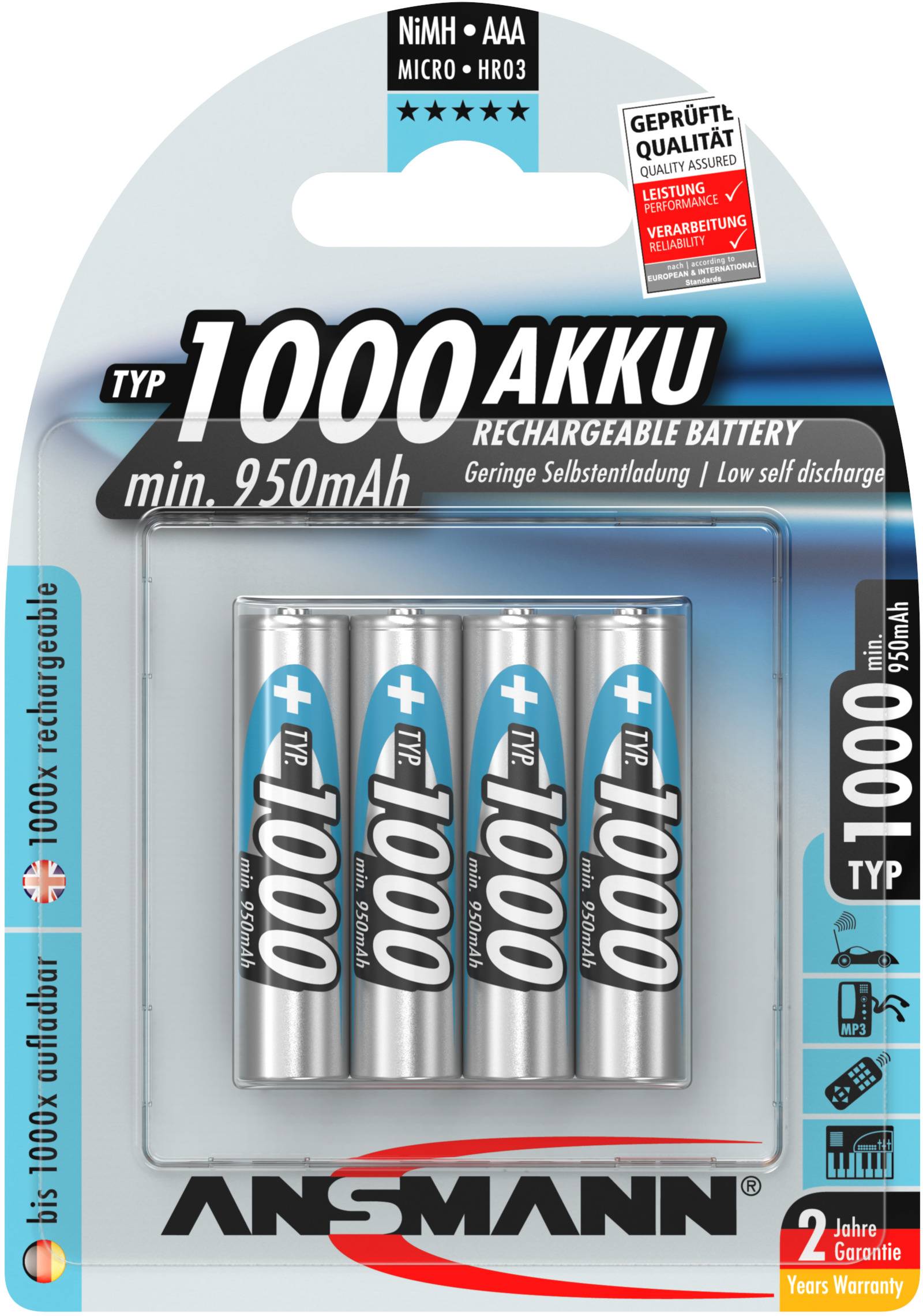 Čtyři dobíjecí AAA baterie značky Ansmann s kapacitou 1000 mAh v originálním balení.