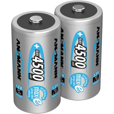 Dvě stříbrné válcové baterie s nápisem 'Maxe 4500 mAh', 1,2 V, značky Ansmann.
