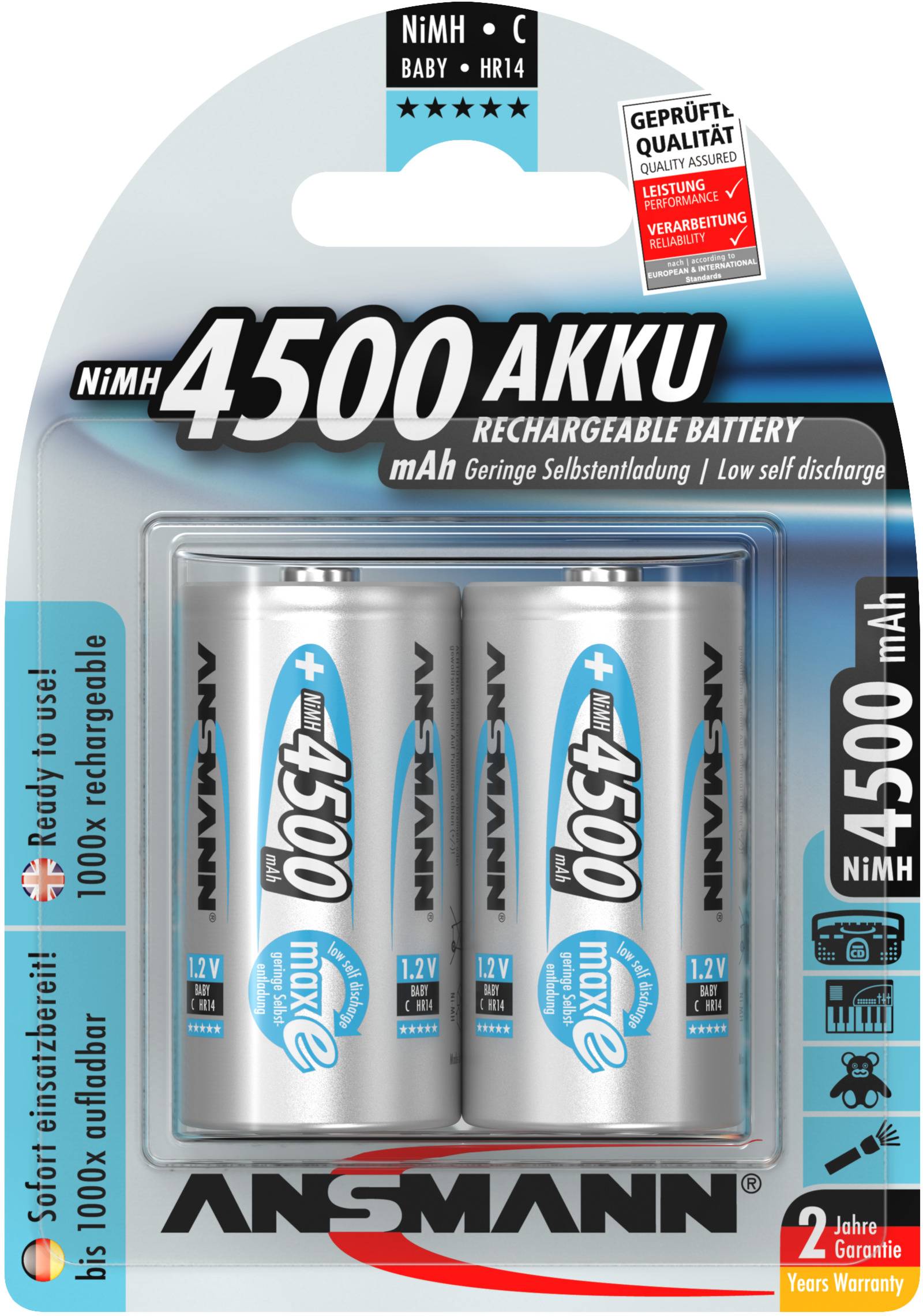 'Dva dobíjecí akumulátory Ansmann 4500mAh v jednom balení. Vhodné pro zařízení s vysokou spotřebou energie. Dvouletá záruka.'