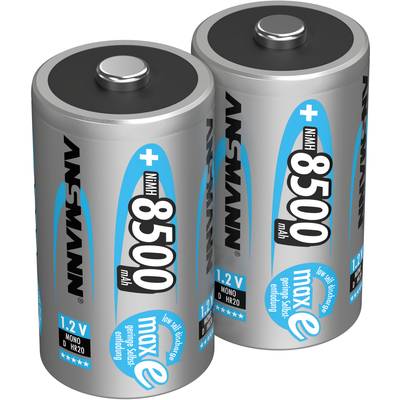 Dvě stříbrné baterie Ansmann s modrým popisem; 8500 mAh, 1,2 V, typ D Mono, postavené vzpřímeně vedle sebe.
