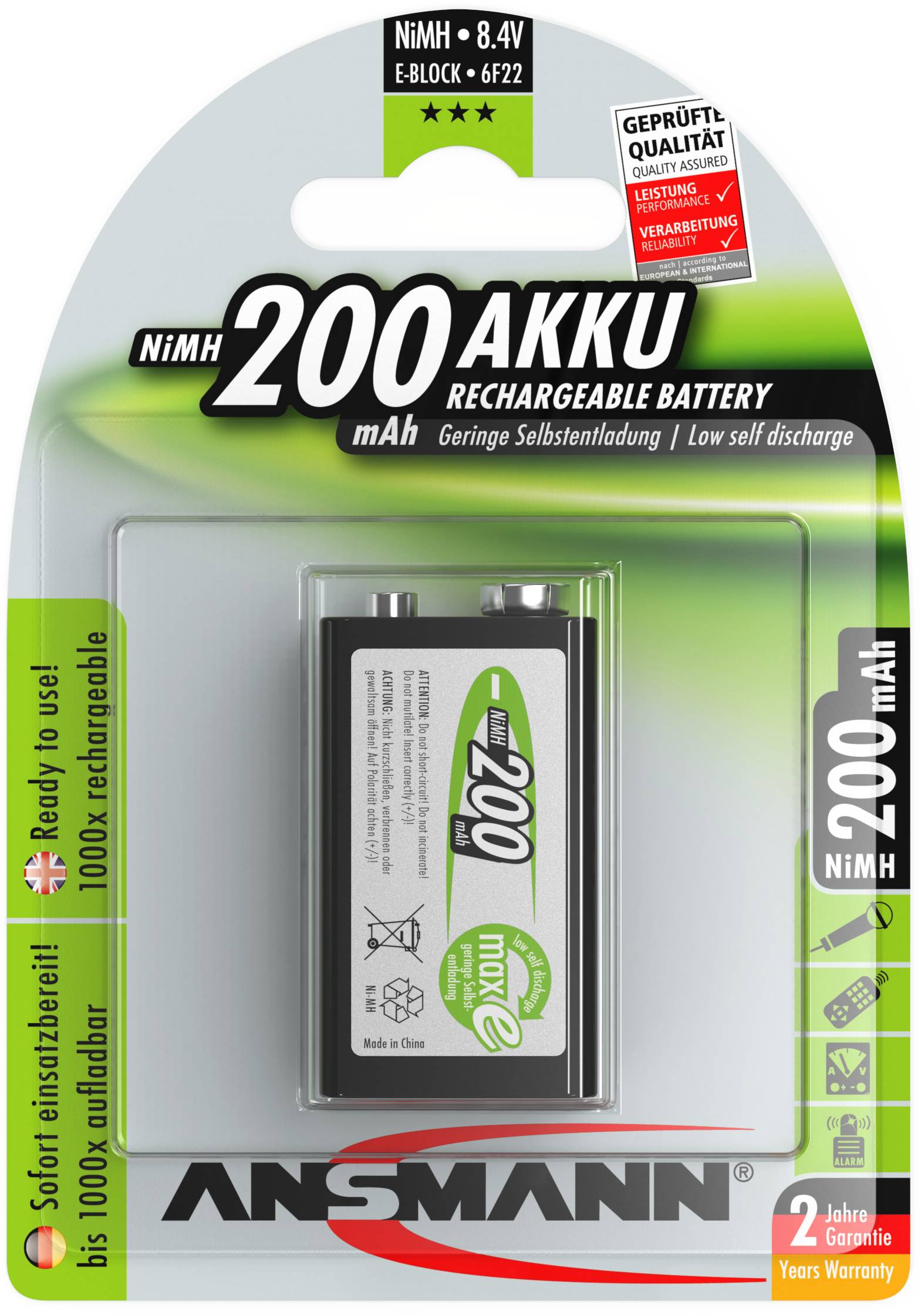 Balení dobíjecí Ansmann 200 mAh NiMH 9V baterie, zeleno-černý design, s důrazem na minimální samovybíjení a dlouhou záruku.