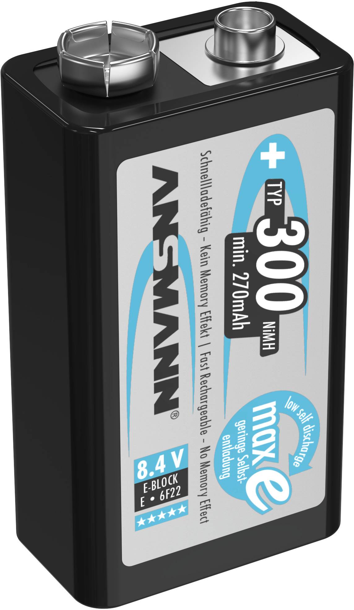 9V baterie, značka Ansmann, typ 300 mWh, E-Block 6F22. Vhodná pro zařízení se střední spotřebou elektrického proudu.