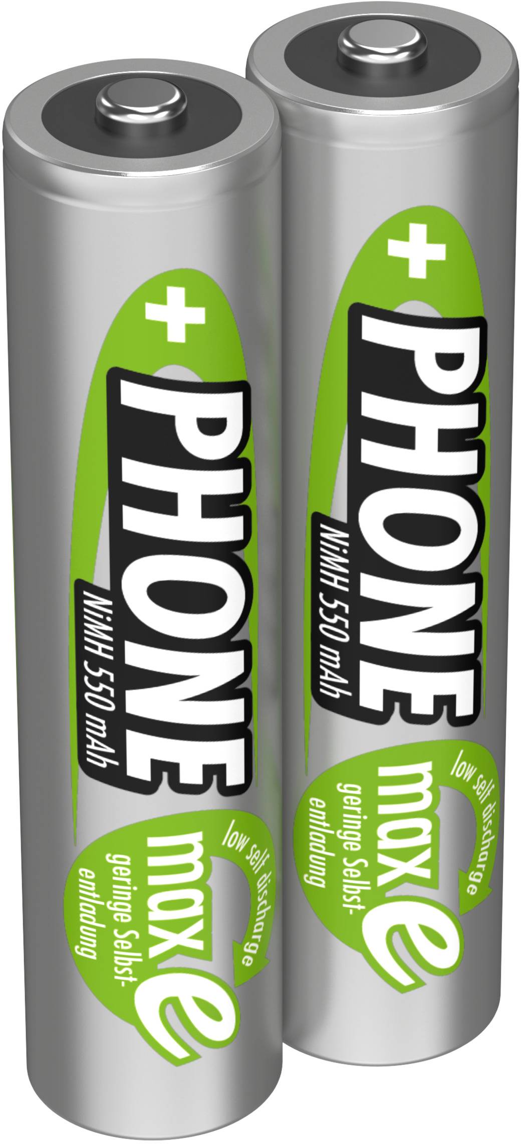 Dvě AA baterie se zelenou a černou etiketou, označené nápisem 'PHONE', 1,5 V, 550 mAh.