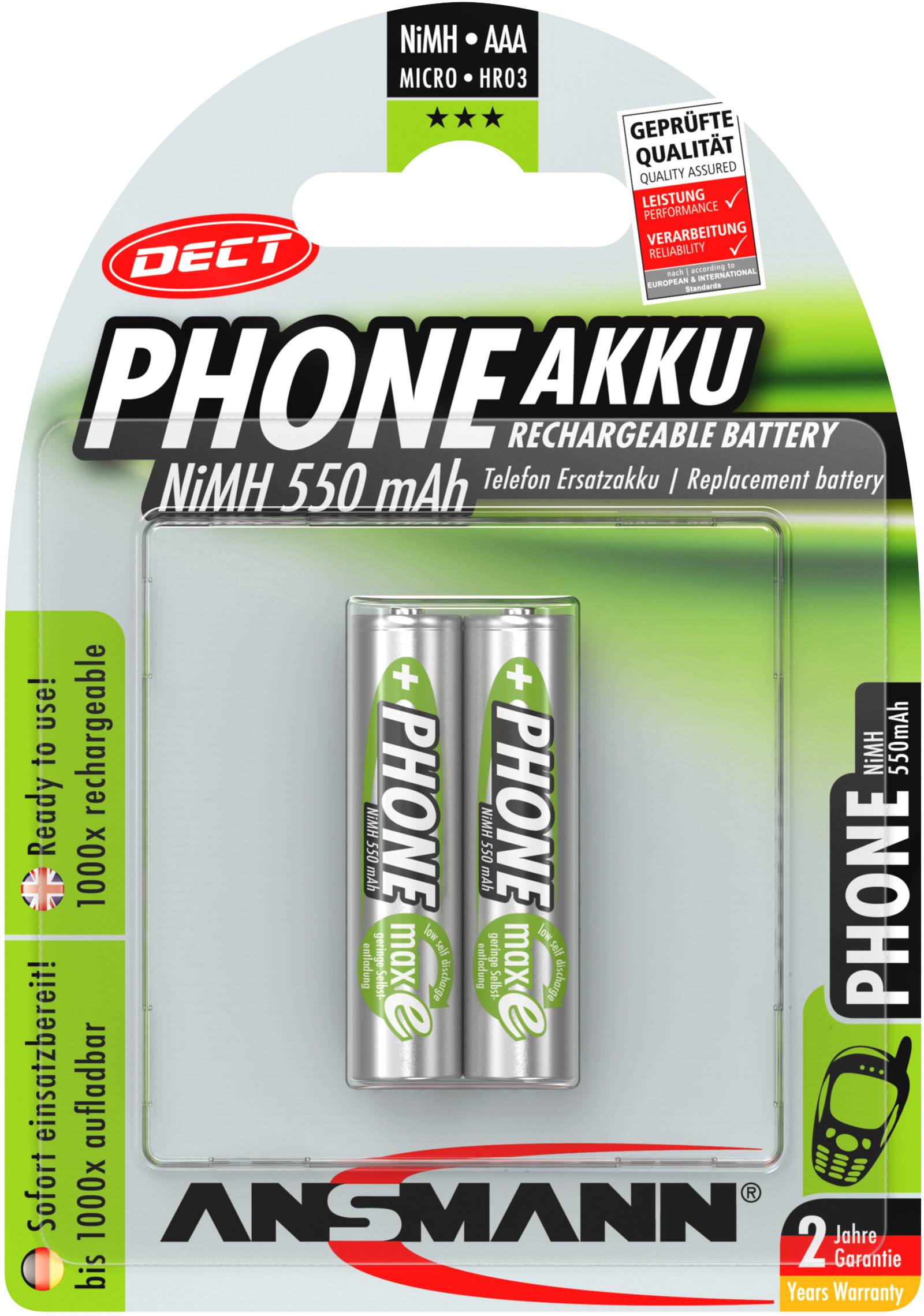 Dva dobíjecí AAA akumulátory značky Ansmann, 550 mAh, určené pro bezdrátové telefony DECT. Balení poskytuje 2letou záruku a slib kvality.