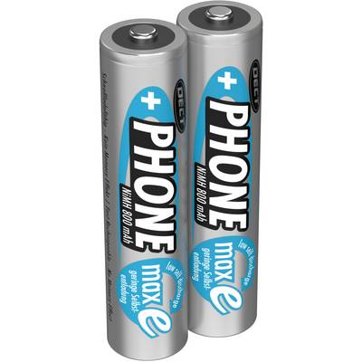 Dva stříbrné akumulátory s nápisem 'PHONE min. 800 mAh moxl e', vhodné pro bezdrátové telefony.