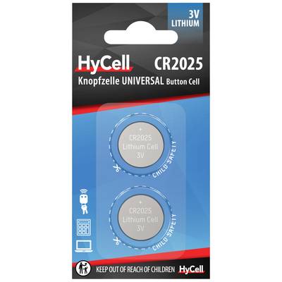 'HyCell CR2025 lithiové knoflíkové baterie, 3V, 2 kusy. Bezpečnostní upozornění: Uchovávejte mimo dosah dětí.'