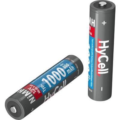 Dvě AA baterie, jedna stojící, druhá ležící. Obě jsou označeny štítkem 'HyCell' a '1000 mWh'.